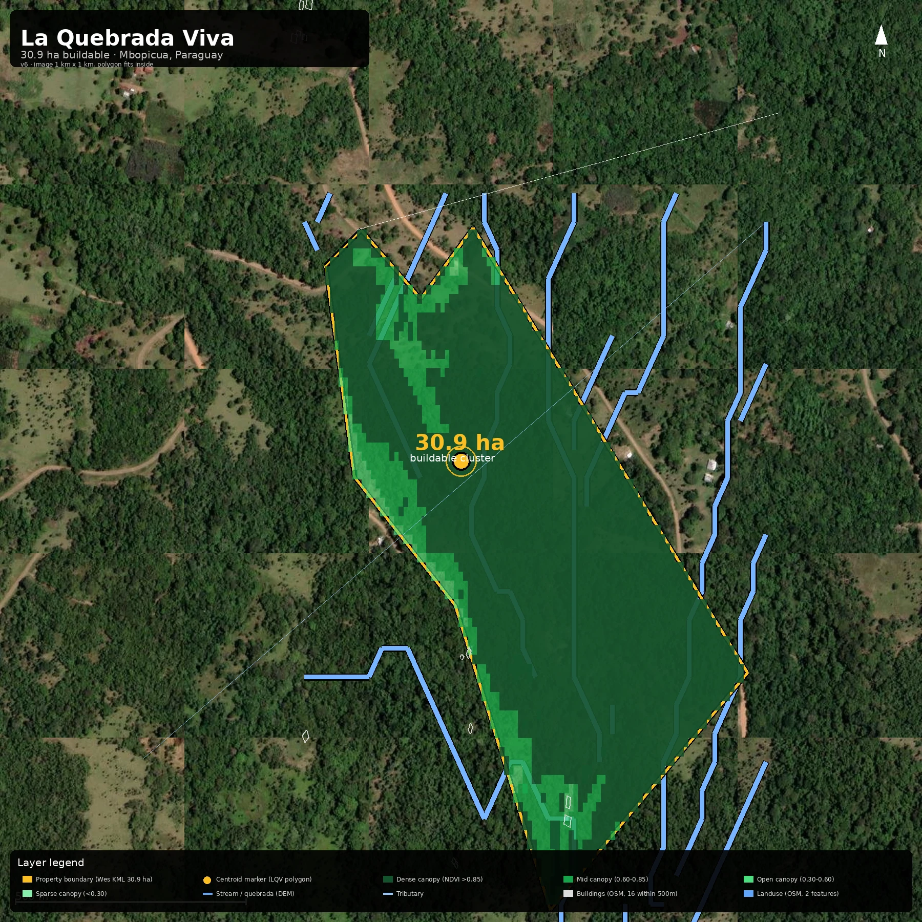 LQV 30.9 ha buildable cluster, satellite photo at z=17 with property boundary, NDVI canopy classes, DEM-derived streams, OSM buildings